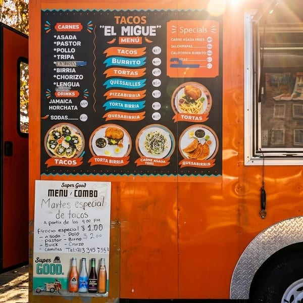 An orange food truck, "Tacos El Migue," with a menu board displaying various Mexican dishes and drinks.