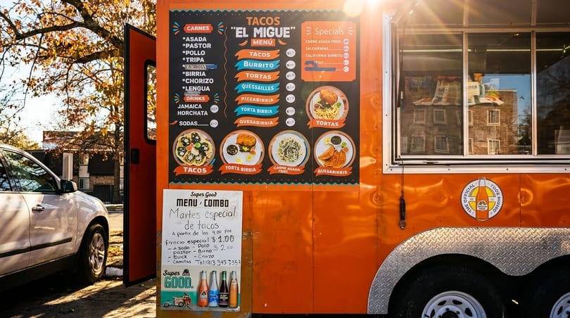 An orange food truck, "Tacos El Migue," with a menu board displaying various Mexican dishes and drinks.