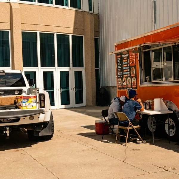 An orange food truck with customers eating at a table, next to a white pickup truck.