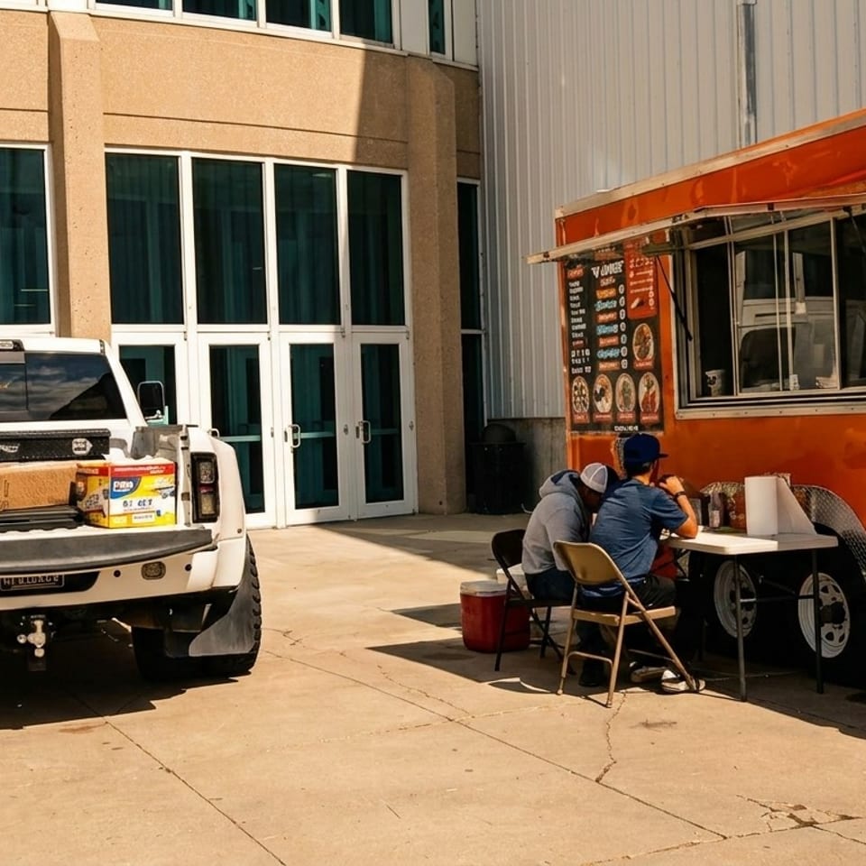An orange food truck with customers eating at a table, next to a white pickup truck.