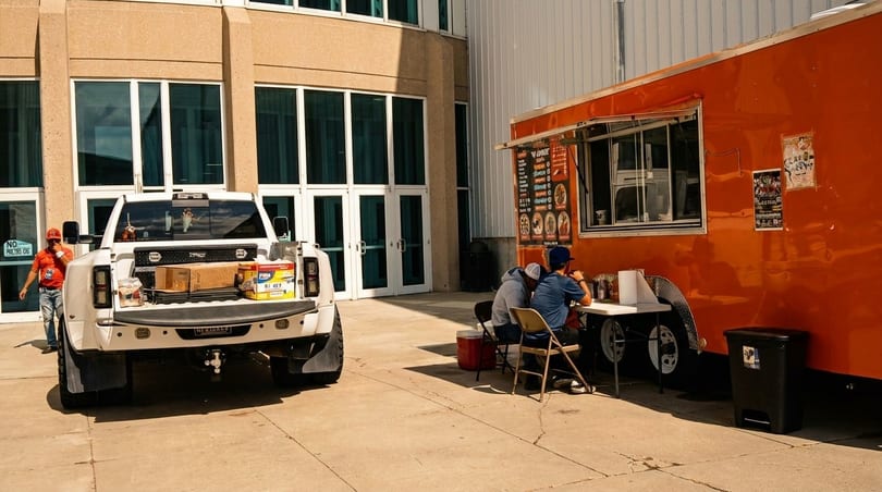 An orange food truck with customers eating at a table, next to a white pickup truck.